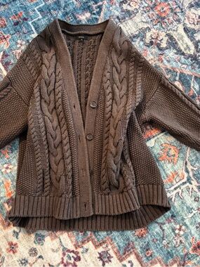 Quince Brown Cable-Knit Button Cardigan - 100% Cotton - Size small